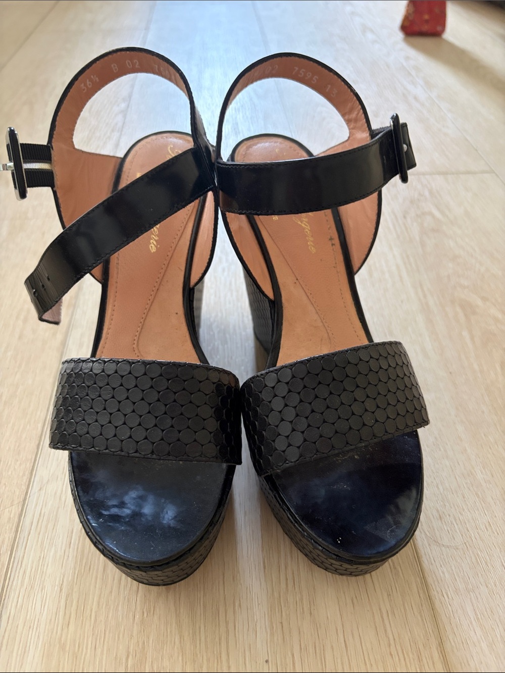 Robert Clergerie Black Hexagon Textured Platform Sandals with Front Strap